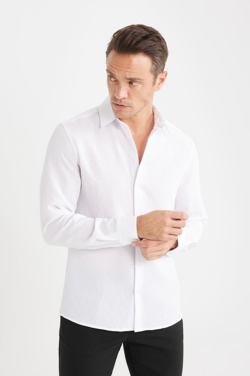 DeFacto White Man Modern Fit Polo Collar Woven Long Sleeve Shirt Casual - Image 5